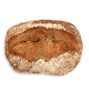 Freigestelltes ovales Mehrkornbrötchen mit dunkler Kruste, Produktfoto.