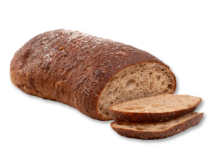 Längliches freigestelltes Dinkelbrot mit rauer, bemehlter dunkelbrauner Kruste, angeschnitten mit zwei danebenliegenden Scheiben, die die großporige helle Krume zeigen; Produktfoto