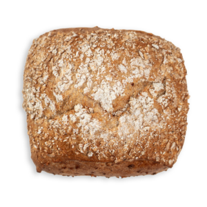 Ein dunkles, rechteckiges Brötchen mit Mehl 
