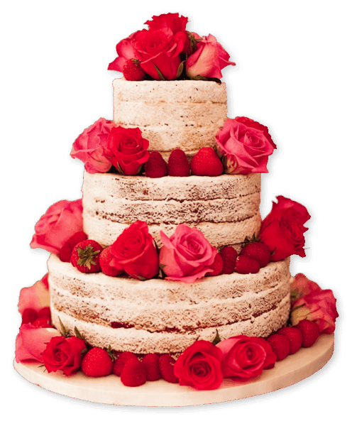 Dreigeschossige Naked Cake-Hochzeitstorte mit sichtbaren Biskuitschichten, dekoriert mit frischen Erdbeeren sowie roten und rosafarbenen Rosen auf jeder Etage und rund um den Fuß der Torte; freigestellt