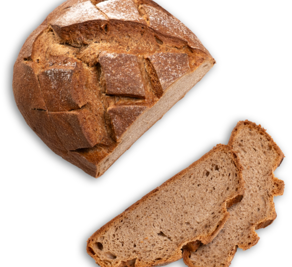 Ein angeschnittenes Brot und zwei Brotscheiben von oben gesehen