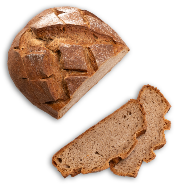 Ein angeschnittenes Brot und zwei Brotscheiben von oben gesehen