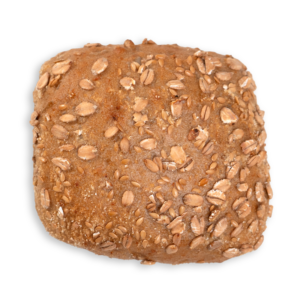 Freigestelltes ovales Mehrkornbrötchen mit dunkler Vollkornkruste und Haferflockenrand, Produktfoto